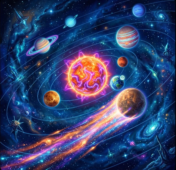 A futuristic view of the solar system with planets orbiting the sun, showing planetary transit motion with glowing star trails.