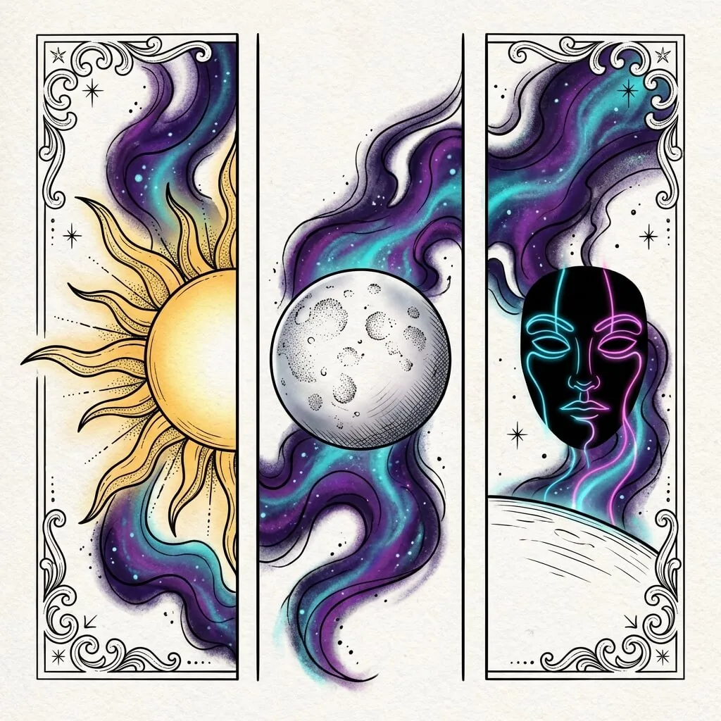 A triptych displaying the Big Three in astrology: a golden sun, a silver moon, and a rising horizon mask in neon colors.