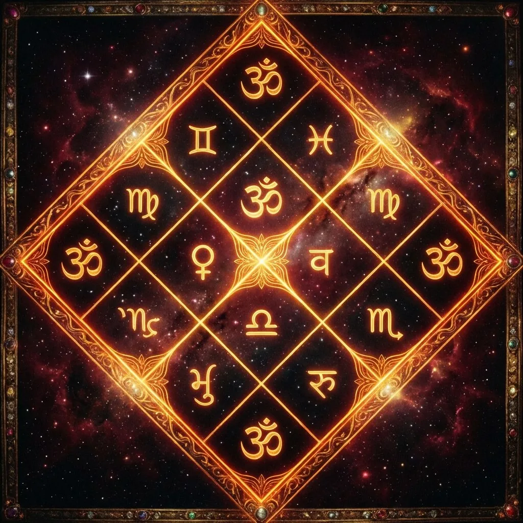 A diamond-shaped Vedic astrology chart (Jyotish) layout with Sanskrit script and glowing gold lines on a dark mystical background.