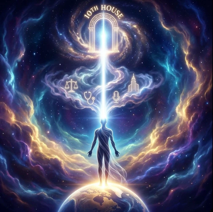Birth chart with the Midheaven MC point highlighted at the top — career calling and public reputation in astrology